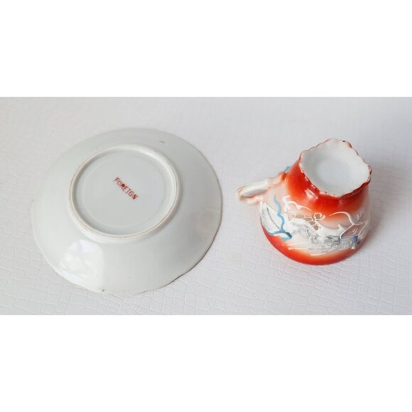 Vintage Moriage Dragon Ware Teapot Sugar Bowl Creamer 6 Demi Tasse Cups & Saucer - Picture 5 of 10